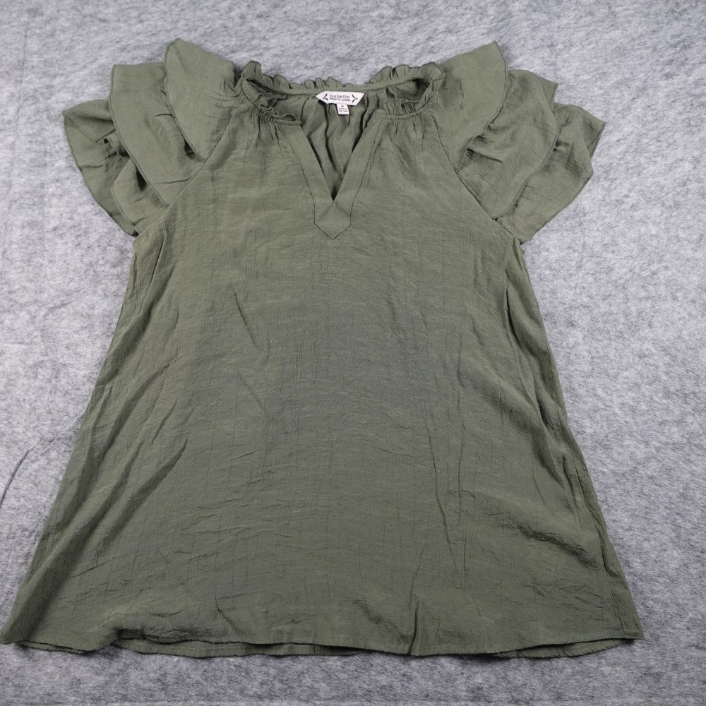 Nanette Lepore Top Womens Medium Green Notched VNeck Ruffle Cap Sleeves